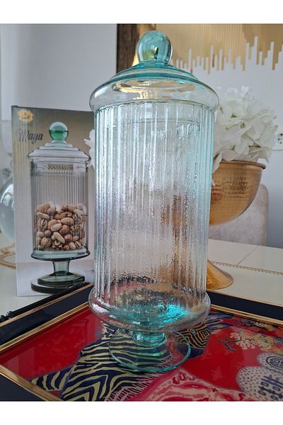 Decovio Glass Footed Cookie Jar with Lid Glass Sugar Bowl Glass Jar 33 cm Striped Dragee 1 Piece Water Green