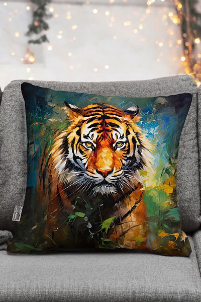 Hayal Dekoratif Realistic Scenic Nature Themed Digital Printed Throw Pillow with Tiger Figure - Pillow Case