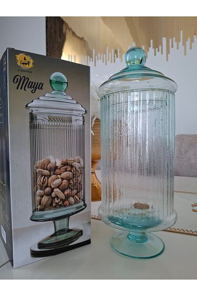 Decovio Glass Footed Cookie Jar with Lid Glass Sugar Bowl Glass Jar 33 cm Striped Dragee 1 Piece Water Green