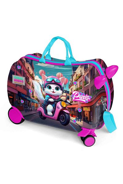 Coral High Motorized Cat Patterned Sit-Check Suitcase