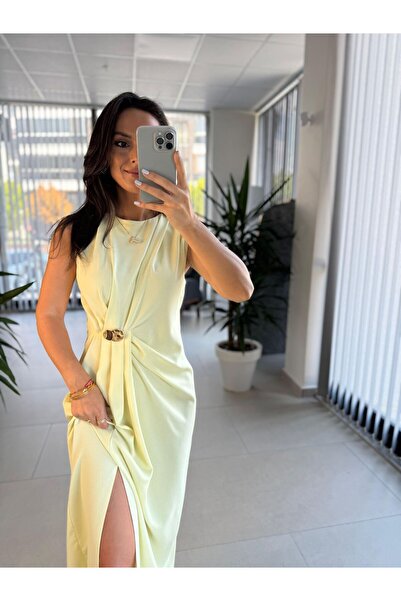caddstore My 3718 Butter Yellow Broş Detaylı Krep Elbise