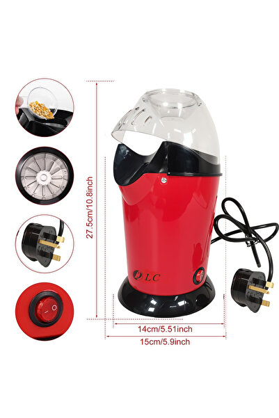 DLC -PC2701 1200W Popcorn Maker with Hot Air Popping and Oil-Free Operation, Red Body Design