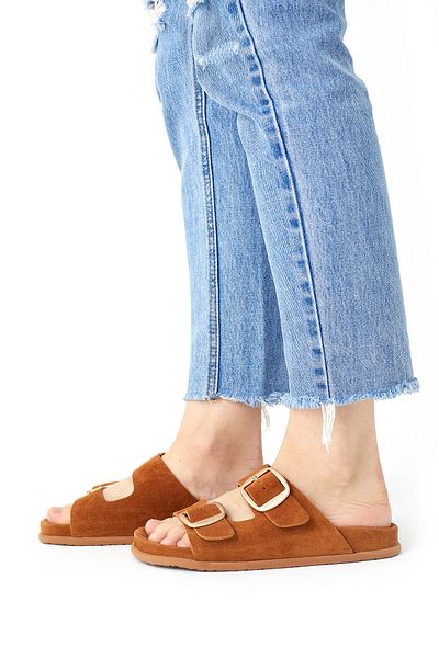 SOFT Women's Tan Suede Genuine Leather Double Buckle Comfortable Daily Slippers – Stylish and Lightweight Summer Sandals