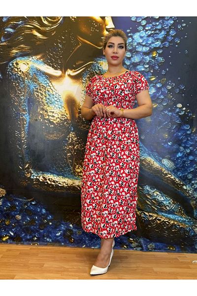 Yeşilmoda Dress,Cotton,Floral Print,Summer,Unlined,Red,,Standard Size,Lycra Waist,Midi Bouy