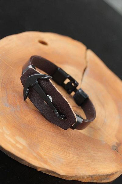 Skygo Black Sea Anchor Brown Leather Men's Bracelet with Steel Accessories - TJ-EB2537-KS