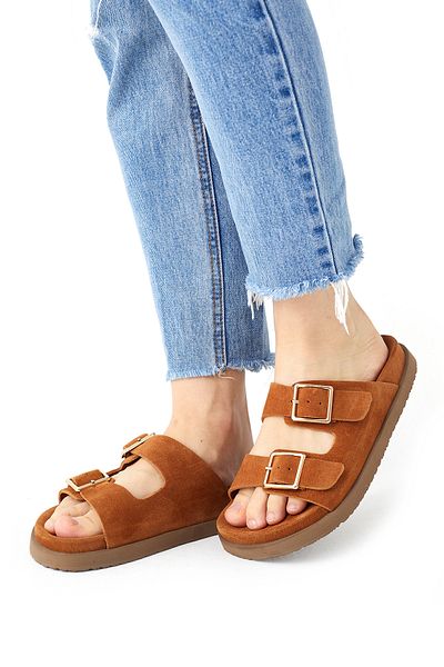 SOFT Women's Tan Suede Buckle Orthopedic Daily Slippers–Comfortable Sole Summer Sandals Stylish and Comfortable