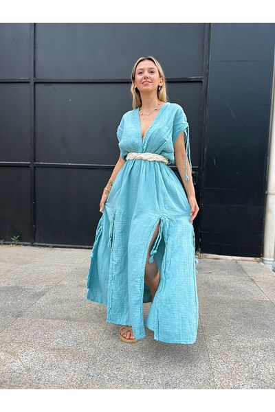 REFİŞ BUTİK VE AKSESUAR 100% Cotton Muslin Fabric Rustic Dress with Belt