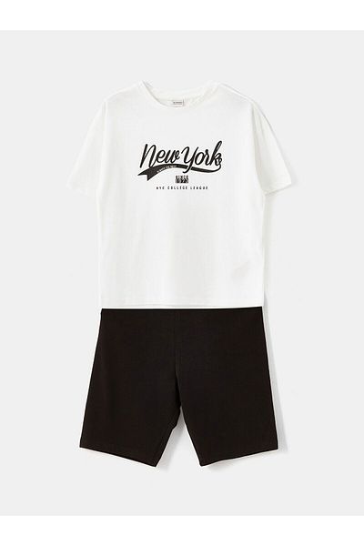LC Waikiki Момическа тениска и чорапогащник с щампа с кръгло деколте и къс ръкав