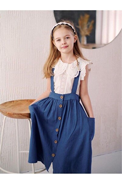 linaabutik Kız Çocuk Dantel Yaka Detaylı Bluz Renkli Salopet Takım