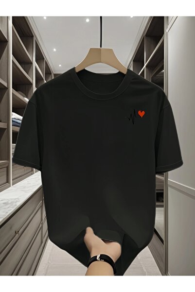 İnazuma Outdoors تيشيرت أسود مطبوع بقصة واسعة للجنسين، بياقة دائرية وأكمام قص...