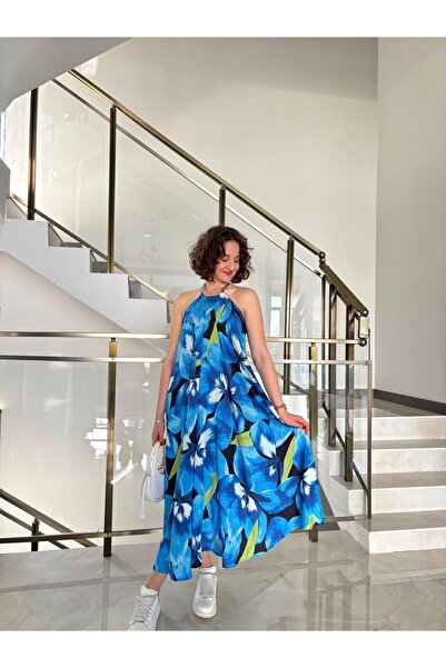 Sude Kızanlıklı Rochie cu decolteu cu model de flori albastre