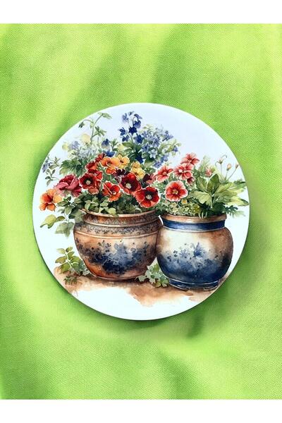 unique florya Çiçek Deseni Saksıda Çiçek Vazoda Çiçek Desenli Duvar Tabağı De...