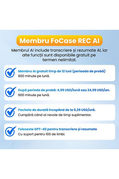 Spionescu Înregistrator vocal inteligent cu inteligență artificială de 64 GB, transcriere automată și rezumate ChatGPT, suportă 100 de limbi
