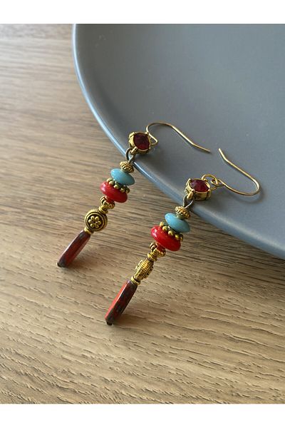 dela otantik Ethnic Women's Earrings with Beaded Natural Stones– Authentic Bohemian Vintage Dangle Long Earrings - Designer Jewelry
