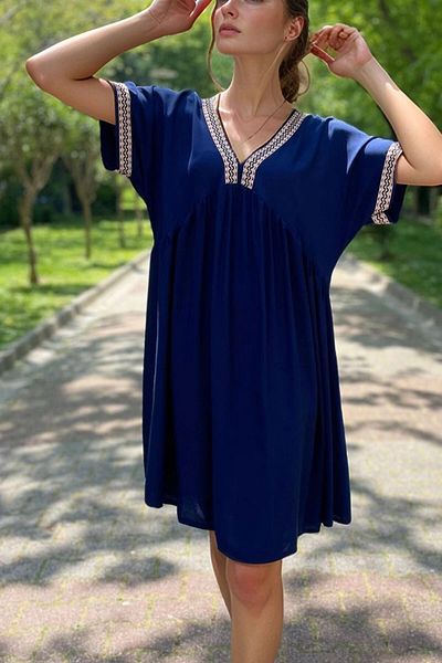 bacc Navy Blue Embroidery Border Detailed Comfortable Fit Viscon Woven Dress Bcvl-2530000