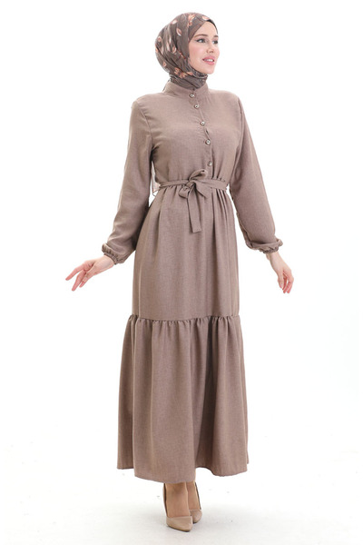 sefamerve Buttoned Dress with Elastic Sleeves 0104-02 Brown
