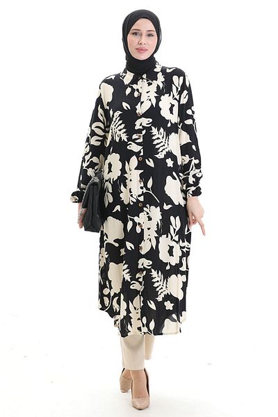 sefamerve Full Buttoned Long Tunic 0095-04 Black Beige