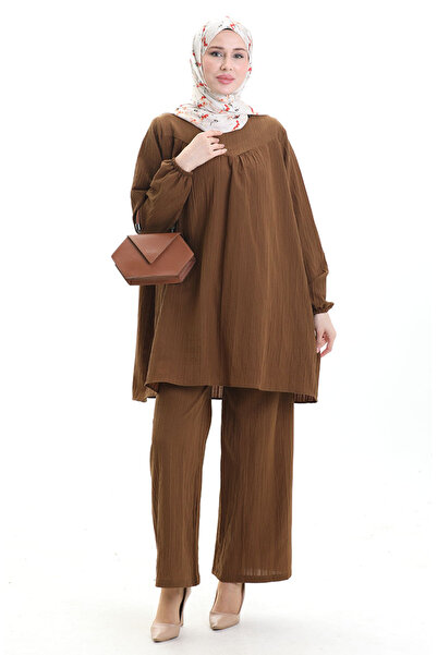 sefamerve Tunic Trousers with Elastic Sleeves Double Set 0103-02 Brown