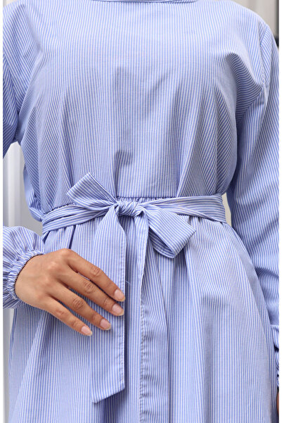 sefamerve Terikoton Çizgili Elbise 0100-01 Lacivert