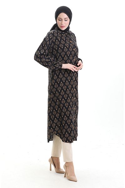 sefamerve Full Buttoned Long Tunic 0092-01 Black Mink
