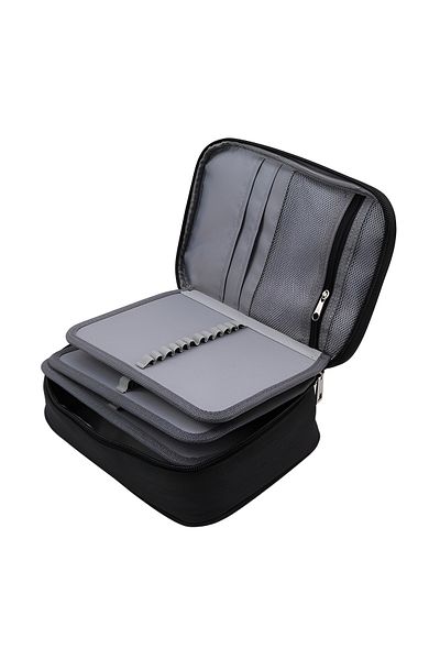 ZEQAS Pencil Case 4 Compartments for 72 Accessories, Washable Textile, Handle, 22.5×15×6.5cm, Black