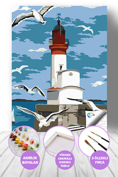 Tuvalle Deniz Fenerinde Rüzgar Sayılarla Boyama Seti, Hobi Seti, 40X50 Tablo,...