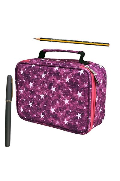 ZEQAS Pencil Case Bag 4 Compartments 72 Accessories Washable Textile with Handle & Stars – Purple