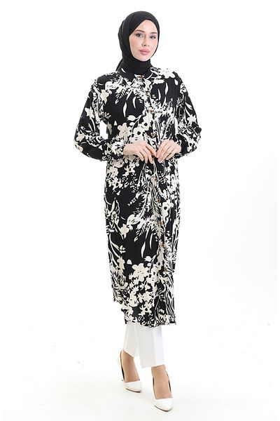 sefamerve Full Button Patterned Long Tunic 0094-01 Black Beige