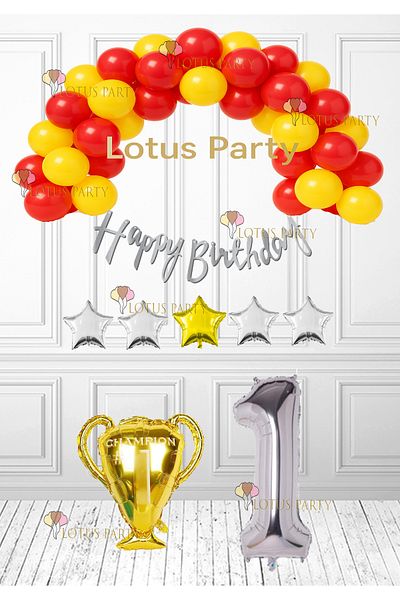 LOTUS PARTY Комплект балони с жълто-червена тематика за 1-годишна възраст - жълто-червен балон - фолиев балон с чаша и число