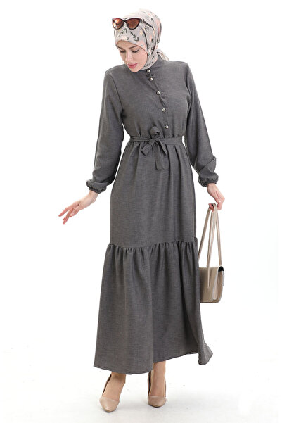 sefamerve Buttoned Dress with Elastic Sleeves 0104-01 Smoked
