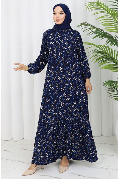 sefamerve Φόρεμα με μοτίβο από ύφασμα βισκόζης 0065-02 Navy Blue
