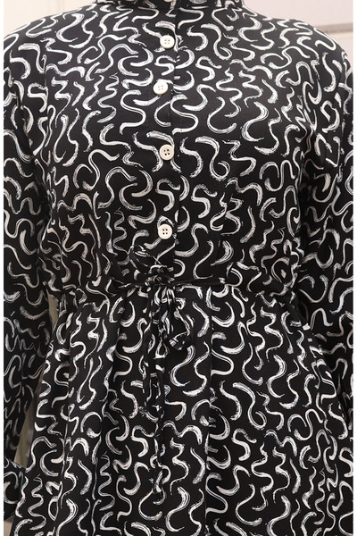 sefamerve Belden Bağcıklı Desenli Elbise 2079-03 Siyah Beyaz