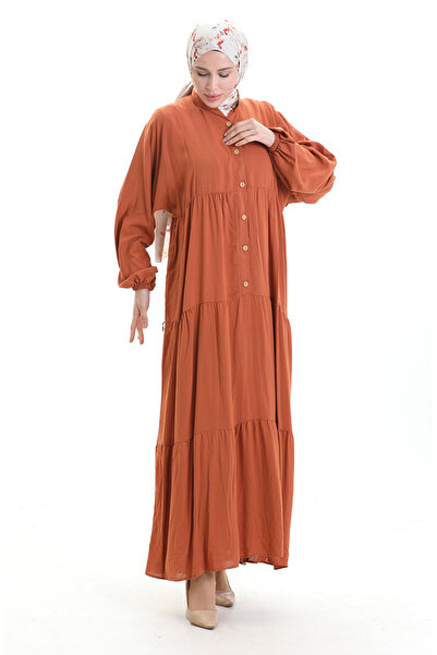 sefamerve Yarım Düğmeli Kolu Lastikli Elbise 0091-02 Kiremit