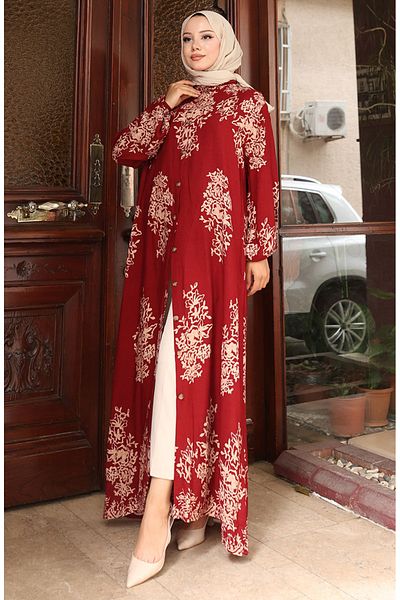 sefamerve Φόρεμα με μοτίβο με κουμπιά 2080-02 Claret Red