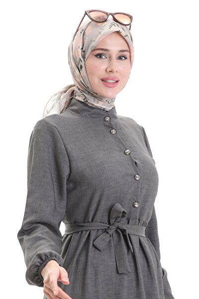 sefamerve Buttoned Dress with Elastic Sleeves 0104-01 Smoked