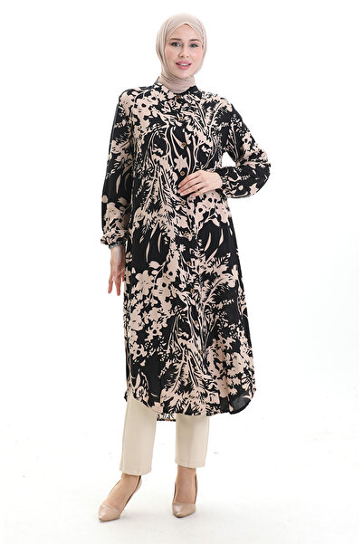sefamerve Boydan Düğmeli Desenli Uzun Tunik 0094-04 Siyah Vizon