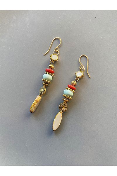 dela otantik Ethnic Women's Earrings with Beaded Natural Stones– Authentic Bohemian Vintage Dangle Long Earrings - Designer Jewelry