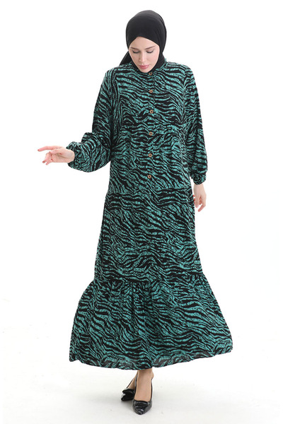 sefamerve Φόρεμα με μοτίβο με μισό κουμπί 2070-03 Πράσινο Μαύρο