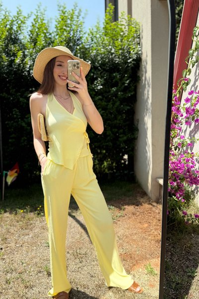 Dilay Gökoğlu Butik Yellow Tie Front Rustic Suit