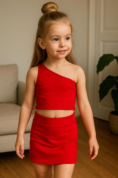HEREN BUTİK Girl's Red One Shoulder Crop and Skirt Two Piece Set – Summer Stylish Combination
