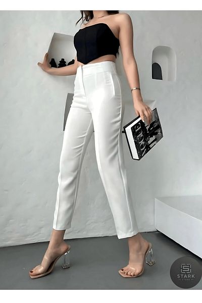 Rift Jeans High Waist Crop Boy Fabric Trousers with Clamp Detail