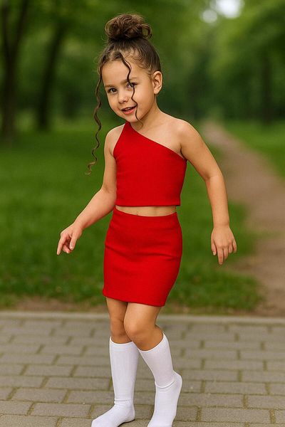 HEREN BUTİK Girl's Red One Shoulder Crop and Skirt Two Piece Set – Summer Stylish Combination