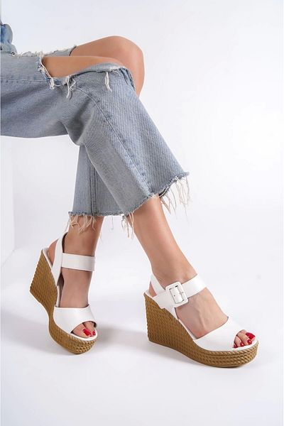 TB Terzi Bey Perla Buckle Elastic Wedge Heeled Orthopedic Sole Straw Look Γυναικεία Σανδάλια Kt - Λευκό