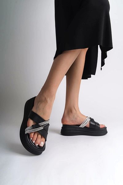 TB Terzi Bey Ruby Flat Heeled Stone Cross Striped Thick and Orthopedic Sole Women's Slippers St - Black