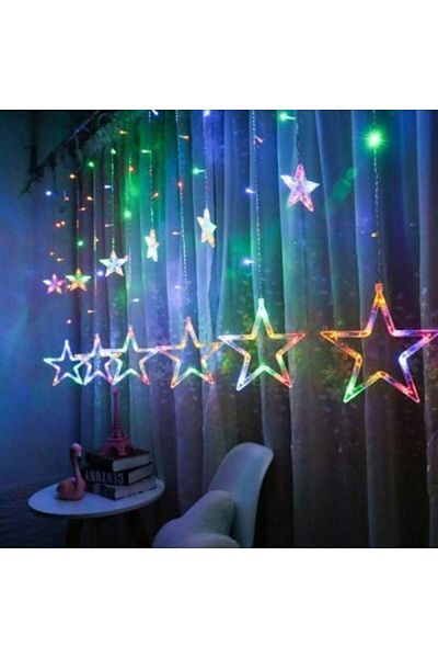 SIKS Instalație de Crăciun, Cortină luminoasă cu LED-uri, 3 metri, 8 programe, Stele luminoase multicolore