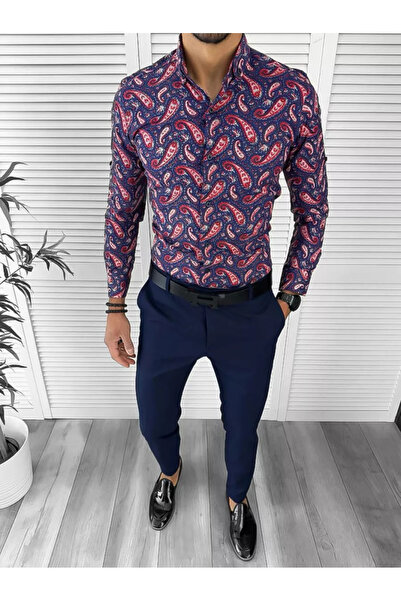 dehaine Men's shirt, elegant, navy blue with print, 13001