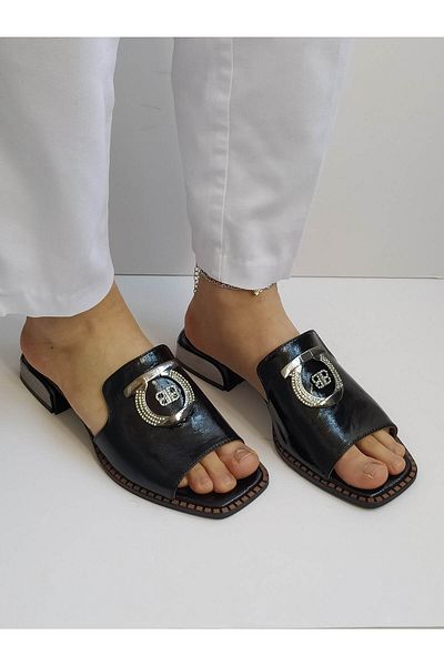 ERS Air Comfort Black Genuine Shiny Patent Leather Women's Stylish Heeled Slippers with Metal Buckle Heel Detail
