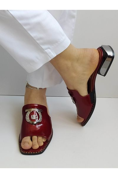 ERS Air Comfort Burgundy Genuine Shiny Patent Leather Women's Stylish Heeled Slippers with Metal Buckle Heel Detail