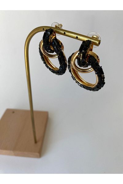 marsel aksesuar Shiny Black Gold Plated Hoop Earrings
