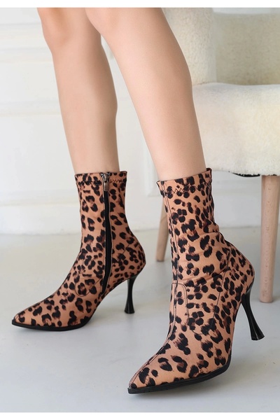 Genel Markalar Moert Leopar Cilt Streç Topuklu Bot